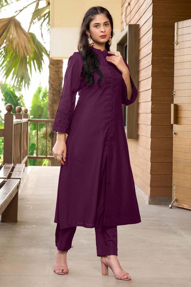 Violet Hand Embroidery Art Silk A Line Kurti