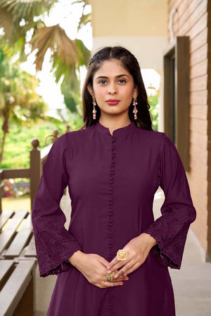 Violet Hand Embroidery Art Silk A Line Kurti