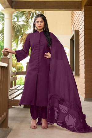 Violet Art Silk Embroidered Kurti Pant Set