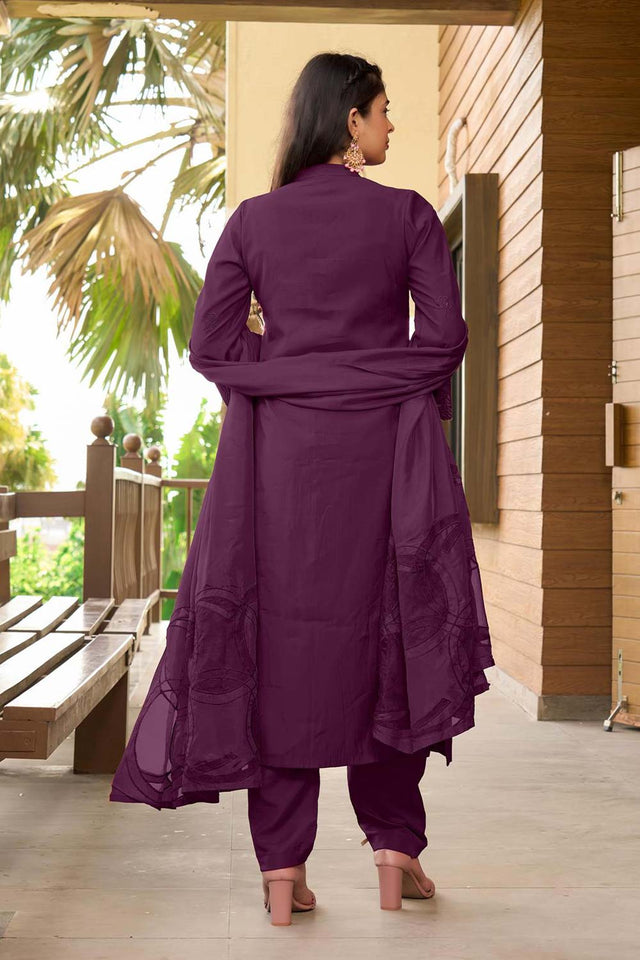 Violet Art Silk Embroidered Kurti Pant Set