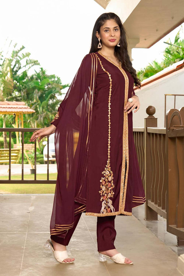 Red Art Silk Embroidered Kurti Pant Set