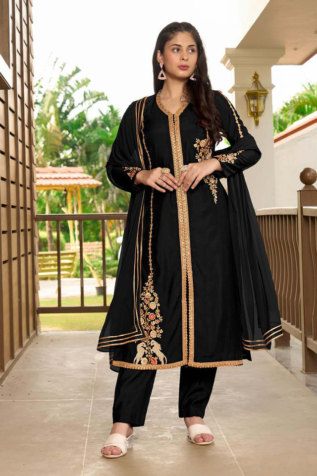 Black Art Silk Embroidered Kurti Pant Set