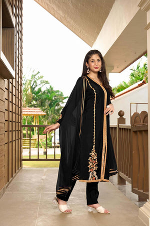 Black Art Silk Embroidered Kurti Pant Set
