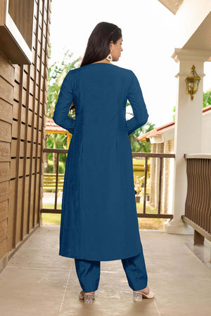 Royal Blue Hand Embroidery Art Silk A Line Kurta - 5XL