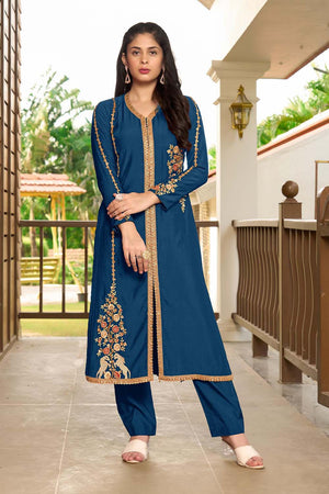 Royal Blue Hand Embroidery Art Silk A Line Pants Kurti Set