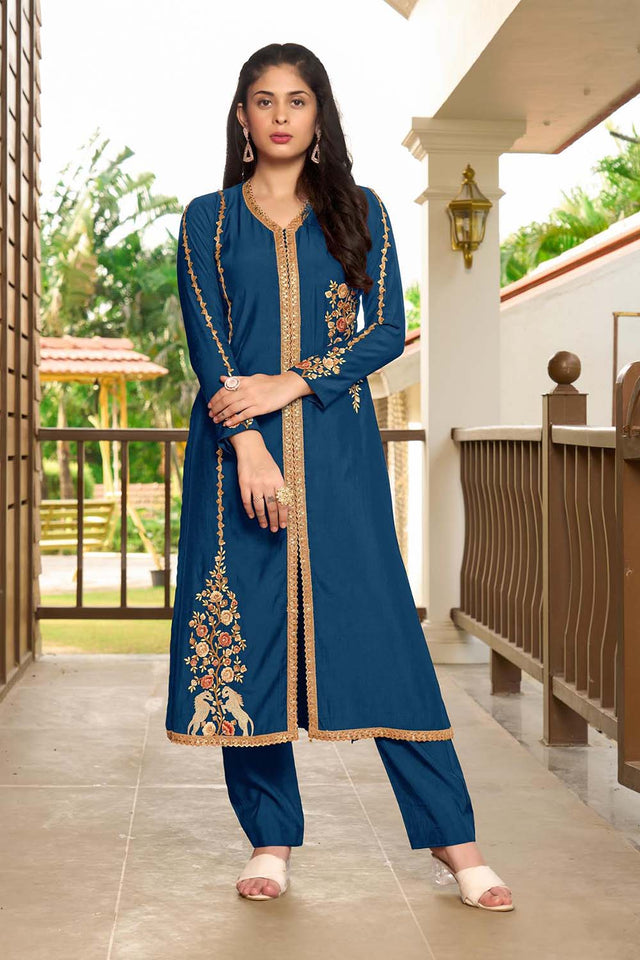 Royal Blue Hand Embroidery Art Silk A Line Pants Kurti Set