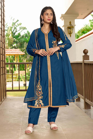 Blue Art Silk Embroidered Kurti Pant Set