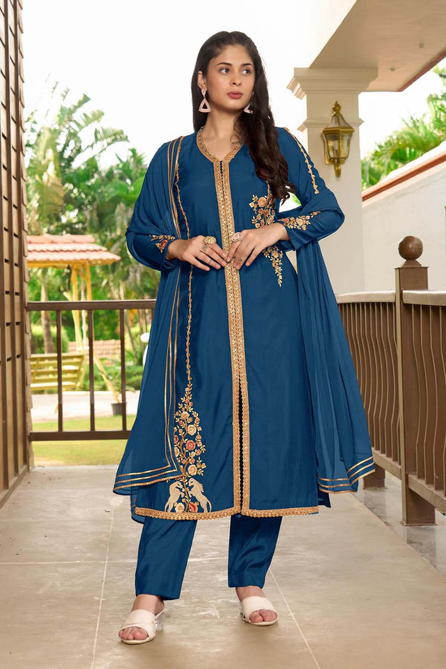 Blue Art Silk Embroidered Kurti Pant Set