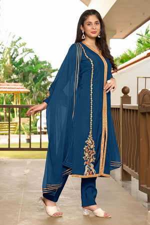 Blue Art Silk Embroidered Kurti Pant Set