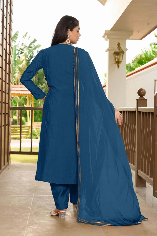 Blue Art Silk Embroidered Kurti Pant Set