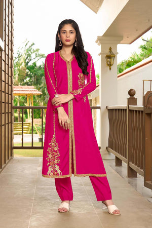 Pink Hand Embroidery Art Silk A Line Kurti