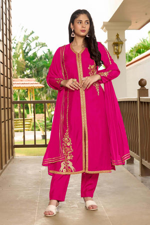 Pink Art Silk Embroidered Kurti Pant Set