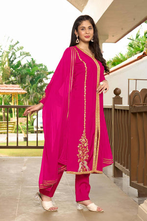 Pink Art Silk Embroidered Kurti Pant Set