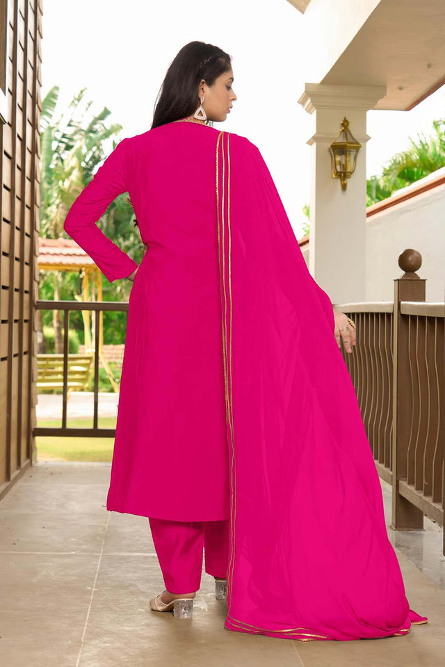 Pink Art Silk Embroidered Kurti Pant Set