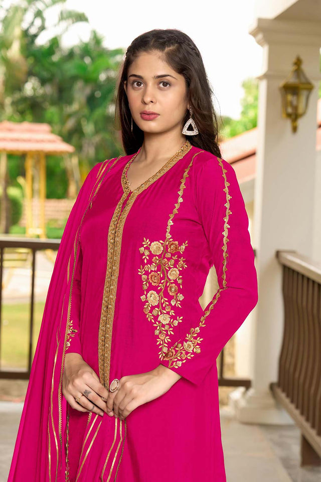 Pink Art Silk Embroidered Kurti Pant Set
