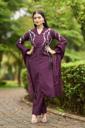 Violet Art Silk Embroidered Kurti Pant Set
