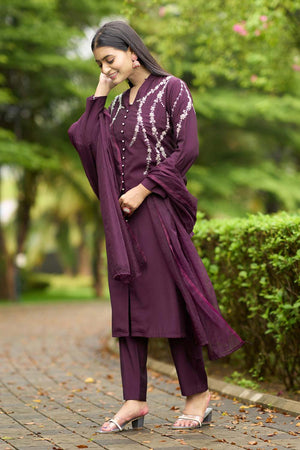 Violet Art Silk Embroidered Kurti Pant Set