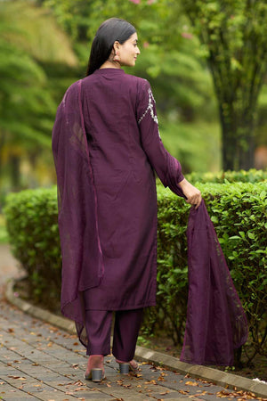 Violet Art Silk Embroidered Kurti Pant Set