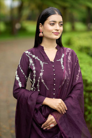 Violet Art Silk Embroidered Kurti Pant Set