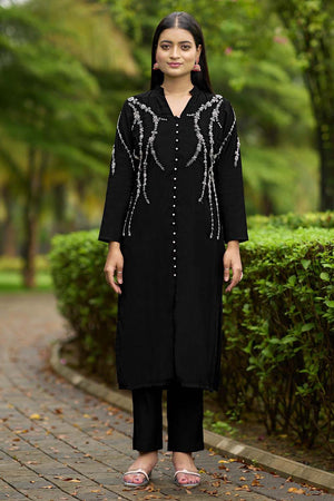 Black Hand Embroidery Art Silk Straight Cut Suit Set