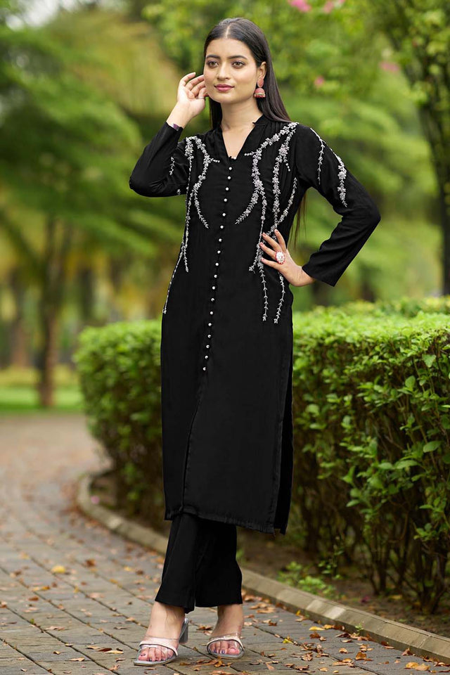 Black Hand Embroidery Art Silk Straight Cut Kurti Pants Set