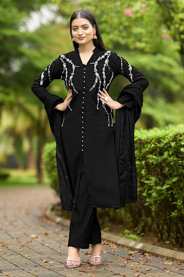 Black Art Silk Embroidered Kurti Pant Set