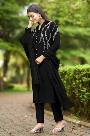 Black Art Silk Embroidered Kurti Pant Set