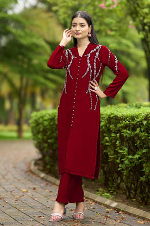 Maroon Hand Embroidery Art Silk Straight Cut Suit Set