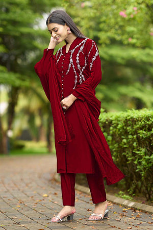 Red Art Silk Embroidered Kurti Pant Set