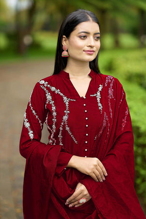 Red Art Silk Embroidered Kurti Pant Set