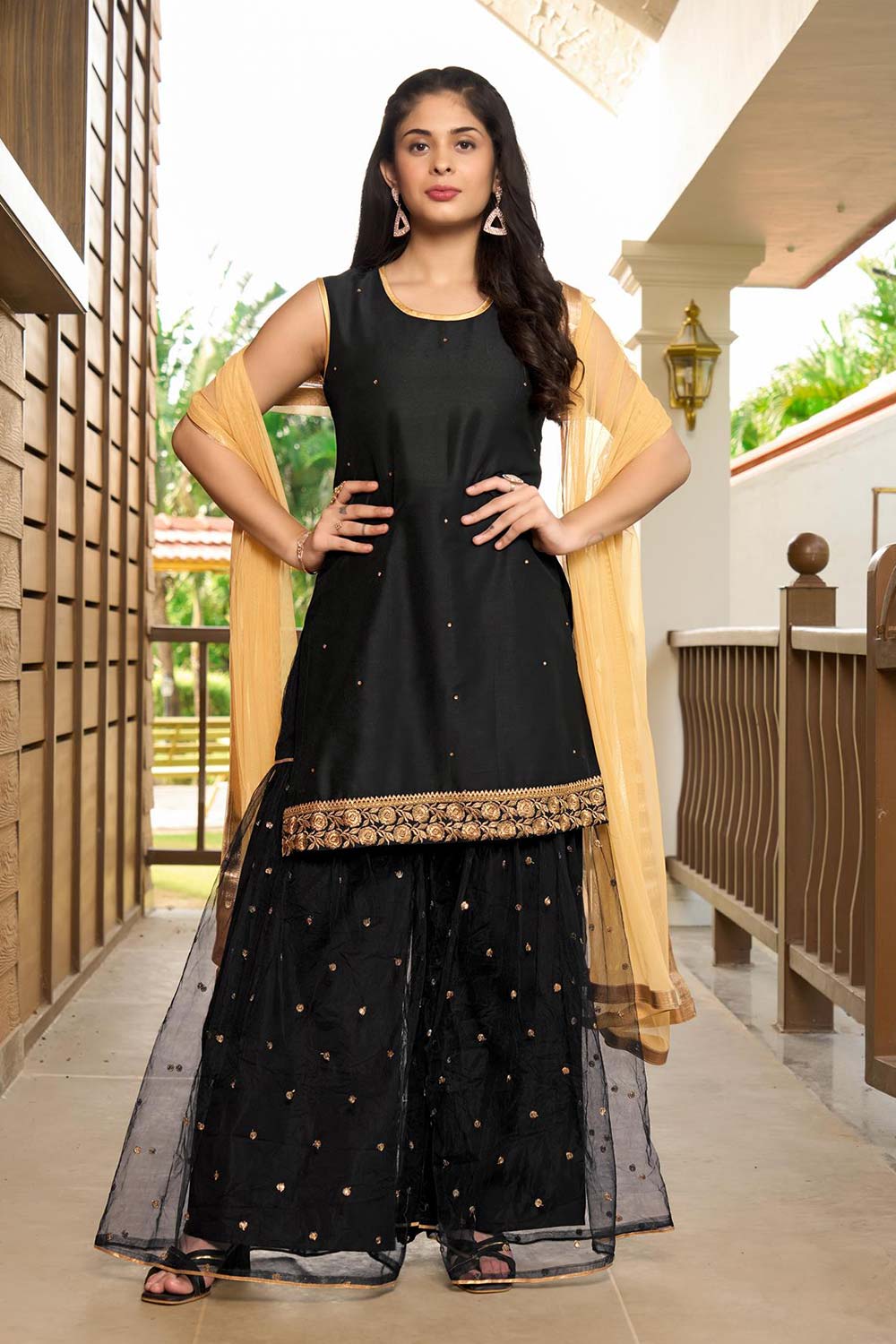 white christmas dresses Black Cotton Embroidered Sharara Suit Set
