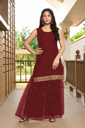 Maroon Resham Embroidery Cotton Shahara Suit Set