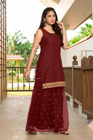 Maroon Resham Embroidery Cotton Shahara Suit Set