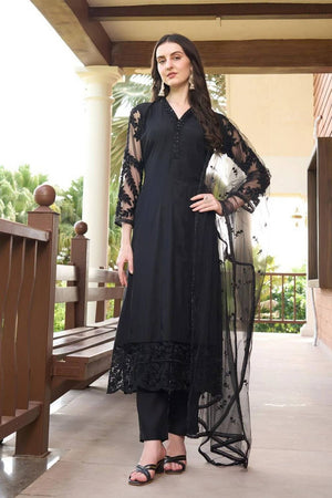 Black Floral Embroidered Art Silk Kurti Pant Set (NC2222ASKD)