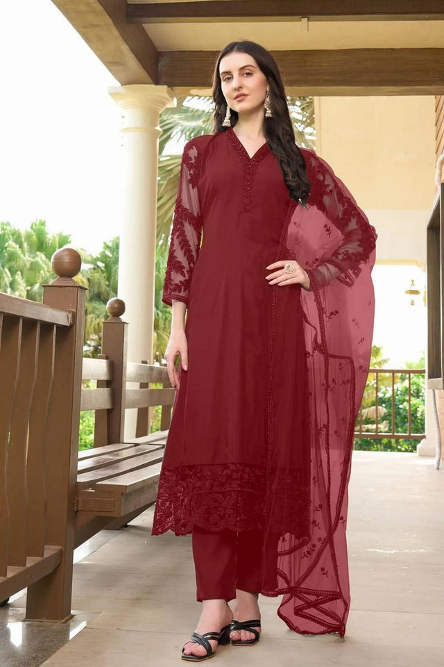 Maroon Embroidered Art Silk Kurti Pant Set (NC2222BSKD)