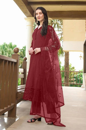 Maroon Embroidered Art Silk Kurti Pant Set (NC2222BSKD)