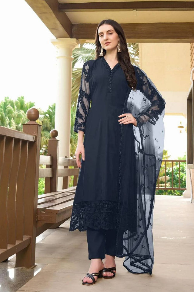Navy Blue Embroidered Art Silk Kurti Pant Set (NC2222CSKD)