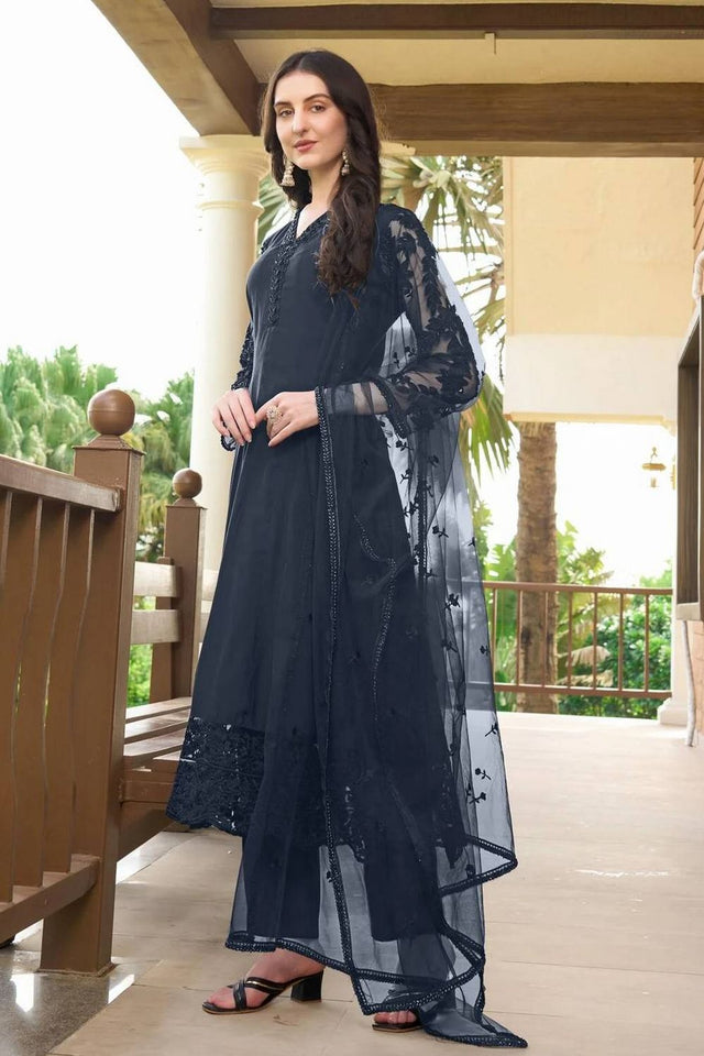 Navy Blue Embroidered Art Silk Kurti Pant Set (NC2222CSKD)