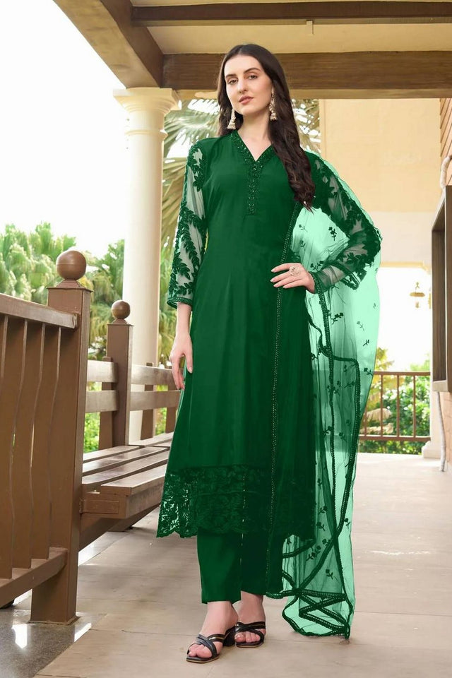 Green Embroidered Art Silk Kurti Pant Set (NC2222DSKD)