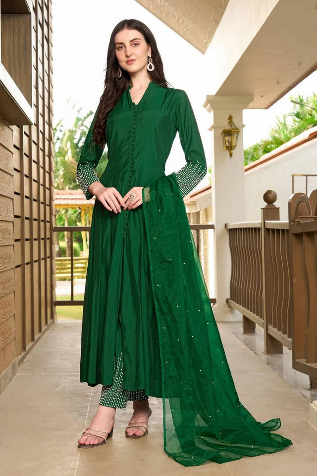 Green Embroidered Art Silk Kurti Pant Set (NC2223ASKD)