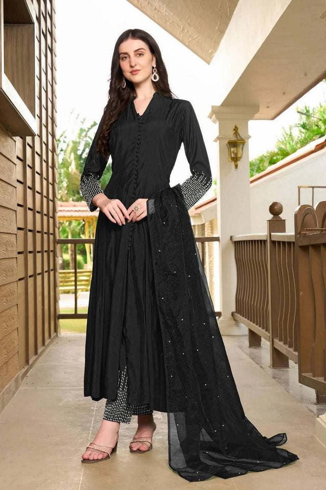 Black Embroidered Art Silk Kurti Pant Set (NC2223BSKD)