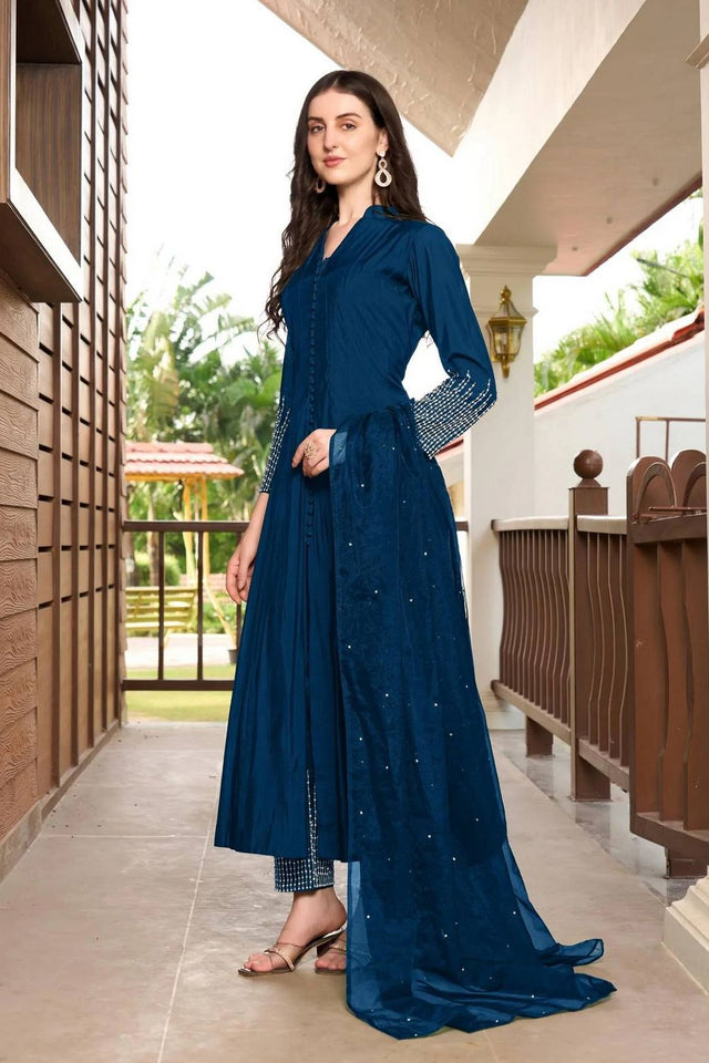 Blue Embroidered Art Silk Kurti Pant Set (NC2223CSKD)