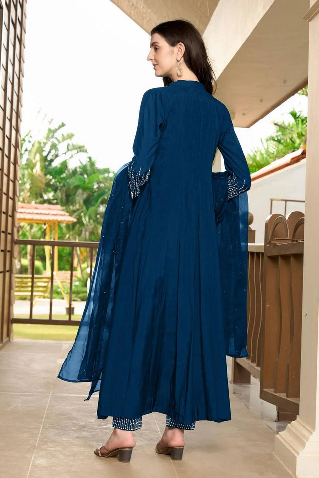 Blue Embroidered Art Silk Kurti Pant Set (NC2223CSKD)