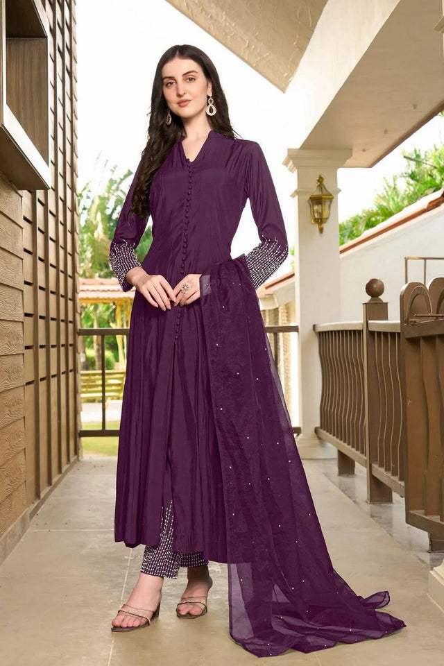 Violet Embroidered Art Silk Kurti Pant Set (NC2223DSKD)