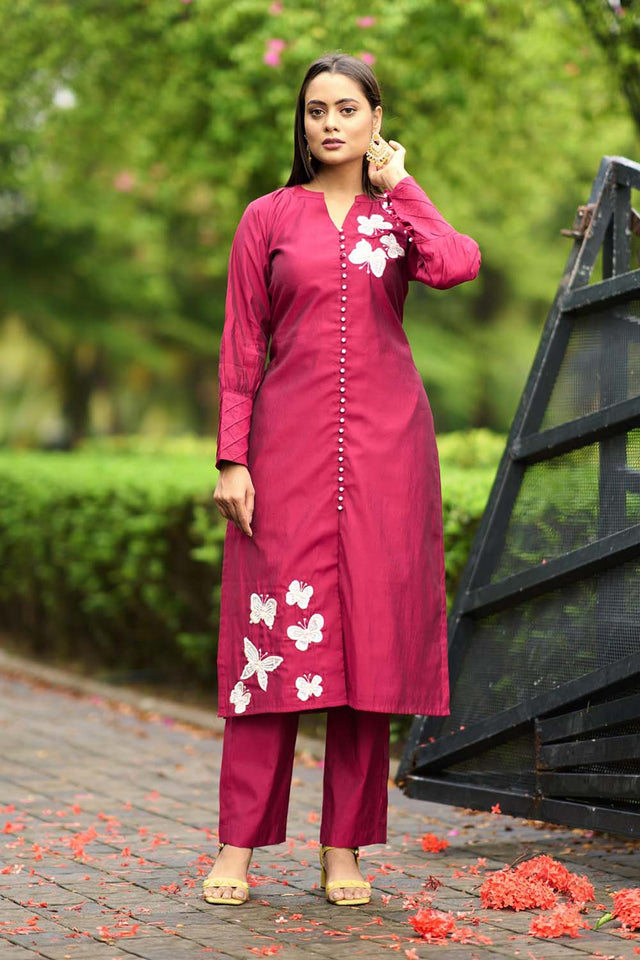 Pink Hand Embroidery Art Silk Straight Cut Suit Set