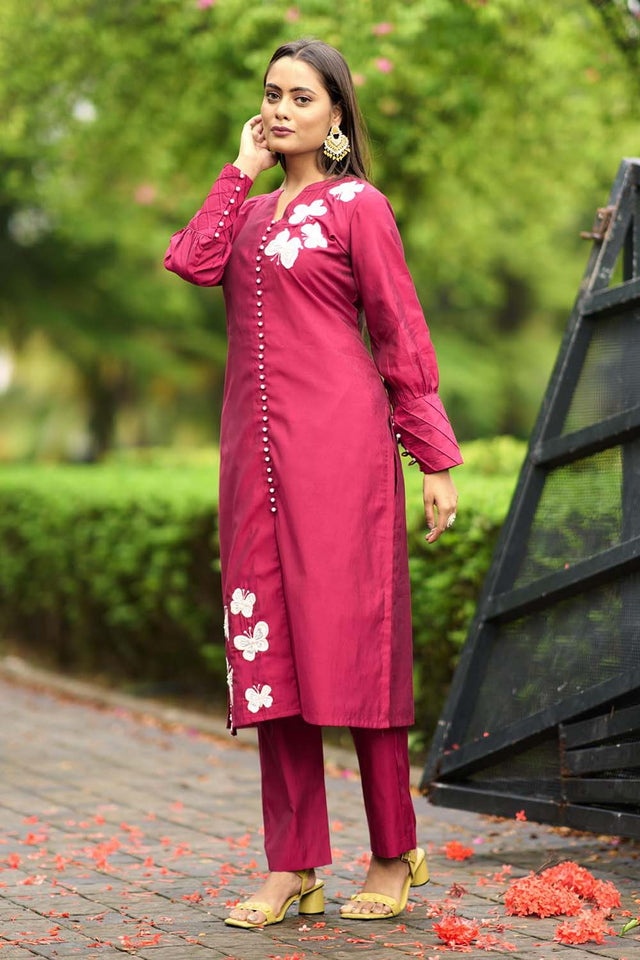 Pink Hand Embroidery Art Silk Straight Cut Suit Set
