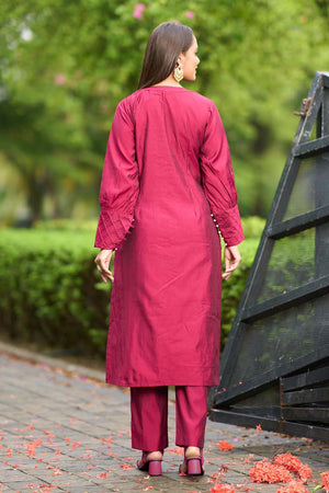 Pink Hand Embroidery Art Silk Straight Cut Suit Set