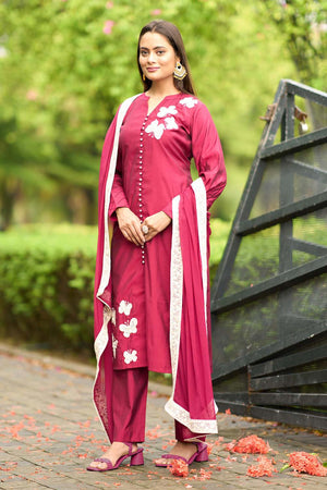 Pink Art Silk Embroidered Kurti Pant Set