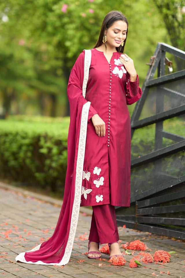 Pink Art Silk Embroidered Kurti Pant Set