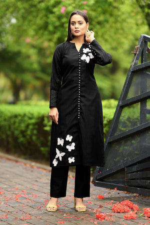 Black Hand Embroidery Art Silk Straight Cut Suit Set